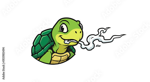Cartoon turtle with a smile exhales smoke.  Green, yellow, black and white colors
