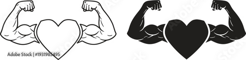 Strong muscular arms with heart symbol silhouette, fitness and love concept isolated on white background vector illustration