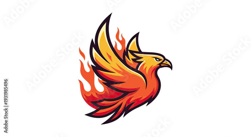 A fiery phoenix illustration with a vibrant color palette, surrounded by flames on a white backdrop