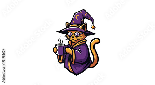 A wizard cat with glasses and a hat, wearing robes, holding a steaming mug