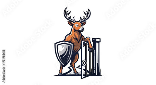 A deer with antlers, shield, and legs on a gate, stands guard. Brown, gray, white colors