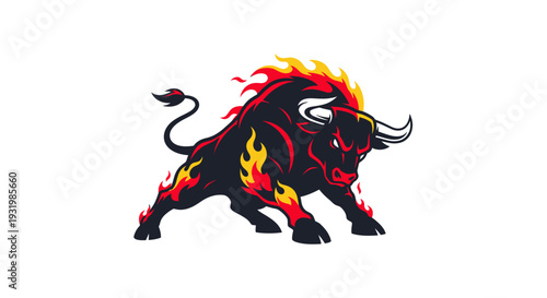 A stylized bull with flames erupting from its body, with a dark color scheme