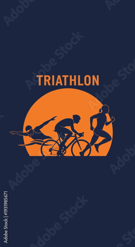 Dynamic Illustration Showcasing Triathlon Athletes in Action Against a Sunset Silhouette