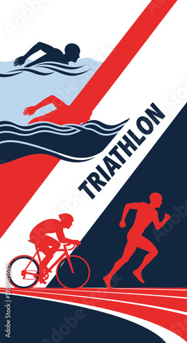 Dynamic Illustration Showcasing Triathlon Athletes in Action: Swimming, Cycling, and Running