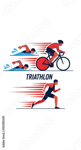 Dynamic Illustration Showcasing Triathlon Athletes in Action During Swimming, Cycling, and Running