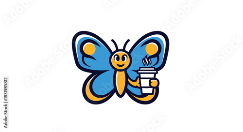 Cartoon butterfly mascot holding coffee cup, blue wings, yellow/orange accents, on white background
