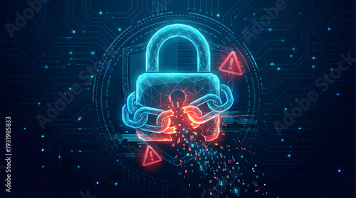 cyber security breach and data theft concept with broken digital lock and glowing chain on dark blue background representing hacker attack system vulnerability and privacy risk