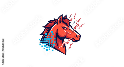 A red and orange horse head with lightning and pixelated blue cubes on a white background