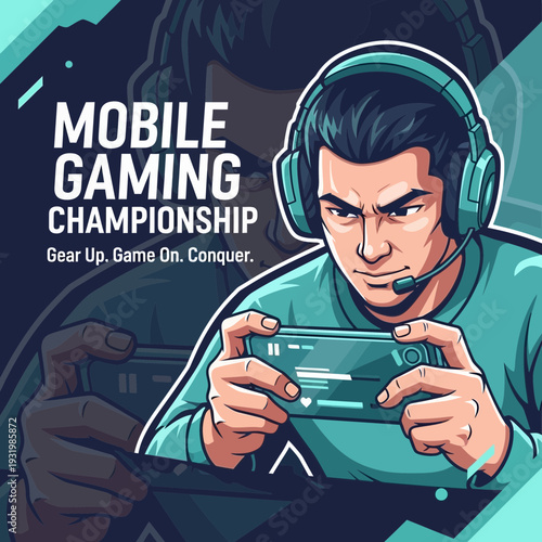 Dynamic Mobile Gaming Championship Illustration: Player Focused and Ready to Compete Vigorously