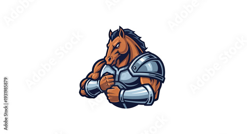 Strong, armored horse with a fierce expression, posed on a white background