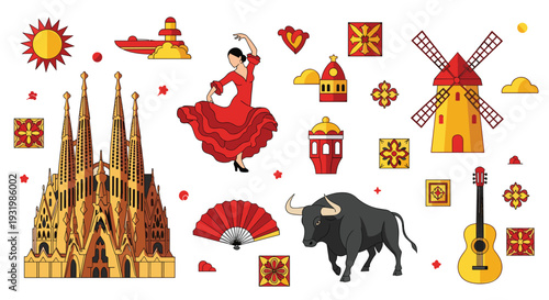 A colorful array of Spanish cultural elements, including the Sagrada Familia, a flamenco dancer, a bull, and a windmill, are playfully arranged on a clean white background.