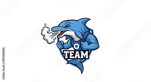 A strong blue dolphin mascot exhales steam with a "TEAM" emblem. Graphic sports logo concept