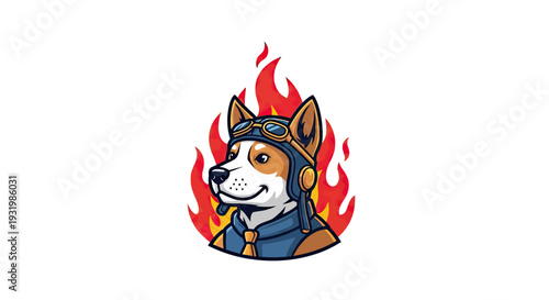 A cartoon dog with aviator gear and flames in the background. White background