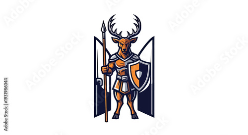 A muscular deer warrior mascot, holding a spear and shield, standing in front of framed lines