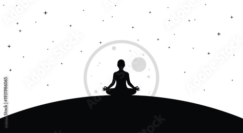 A stark black silhouette of a person meditating in the lotus position is centrally positioned on a black hill, framed by a large grey moon and a white sky with scattered stars.
