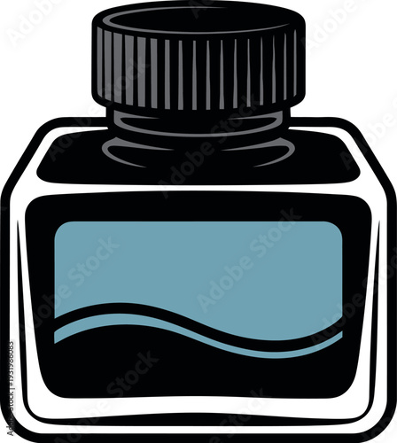 A cartoon illustration of a black ink bottle with a blue label and white background