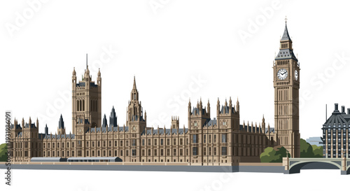 A detailed, colorful illustration showcases the Houses of Parliament and the Big Ben clock tower alongside a river, set against a clean white background.