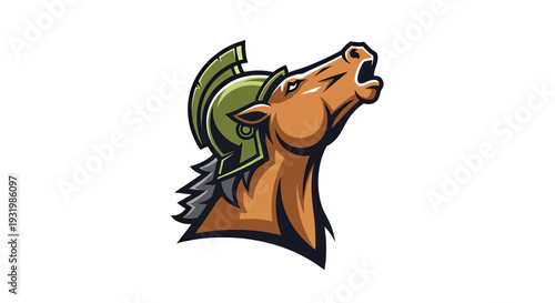 A cartoonish brown horse with a Greek helmet and a wide-open mouth