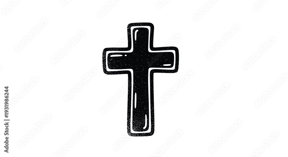 Fototapeta premium A hand-drawn style black Christian cross with a thick glossy outline and textured fill on a white background.