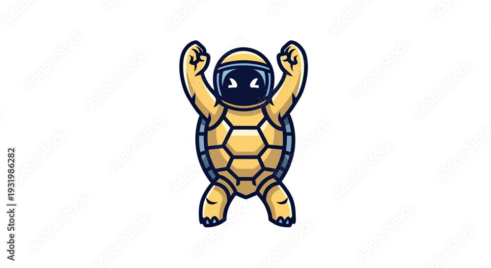 Fototapeta premium Cheerful turtle-astronaut mascot with raised arms on white