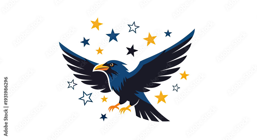 Fototapeta premium A stylized blue bird with spread wings, surrounded by stars, on a white background