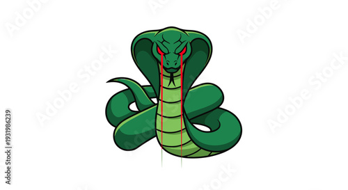Green cobra with red eyes and tear-like lines, stylized with bold outlines, on a white background