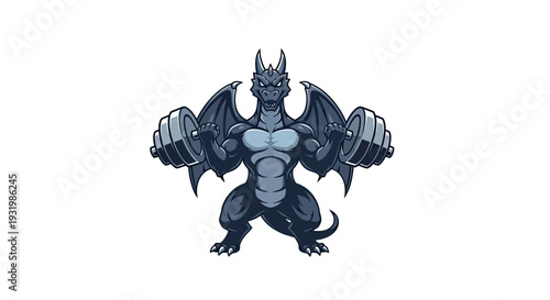 A muscular dragon is lifting barbells with wings spread. Cartoon dragon illustration, on white