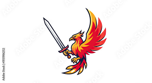 A fiery bird, sword in talon, rises with vibrant red, yellow, and orange plumage