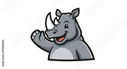 Cheerful cartoon rhino waving with a smile, isolated on white background