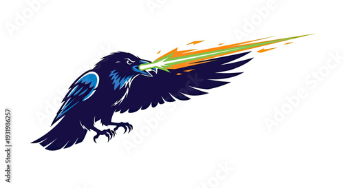 A stylized crow spews energy beams in flight against a white background