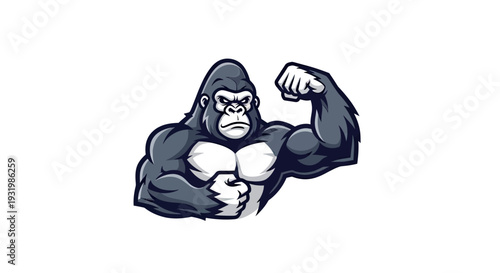Graphic illustration of a gorilla flexing its muscles. Grayscale animal design on a white background