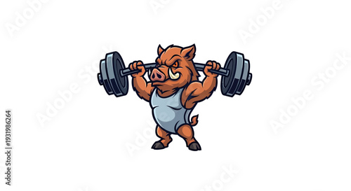 A muscular boar cartoon lifts a heavy barbell, with an determined facial expression
