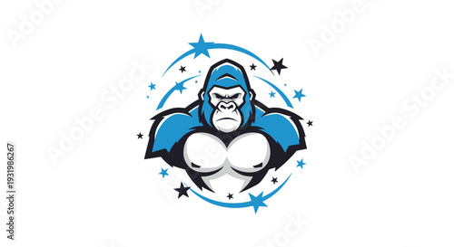 A stylized gorilla head with chest, surrounded by stars and arching lines, vector graphic