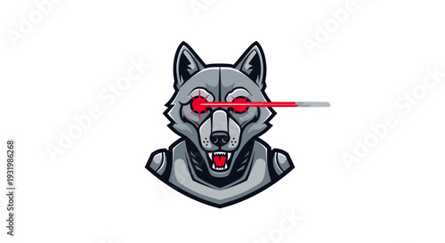 A cybernetic wolf with red laser eyes. Mechanical and animalistic parts combine to create a futuristic design