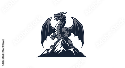 A stylized dragon with outstretched wings stands atop a mountain, in grayscale colors, on a white background
