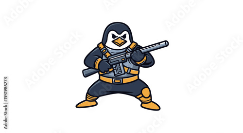 Cartoon penguin in tactical gear, holding a firearm, ready for action, on a white background