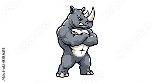 Cartoon-style illustration of a powerful rhinoceros with arms crossed and stern expression