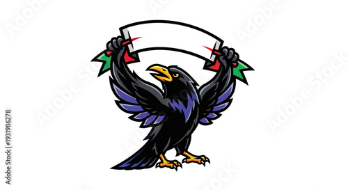 Cartoon crow figure with a blank banner. Bird is black with purple and yellow accents