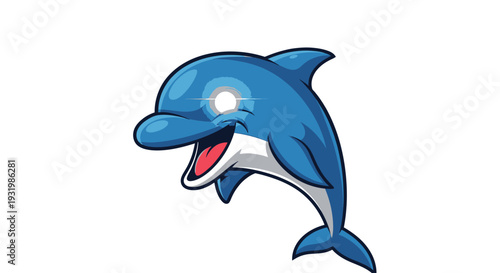A stylized cartoon dolphin in mid-air with a joyful expression and bright eye