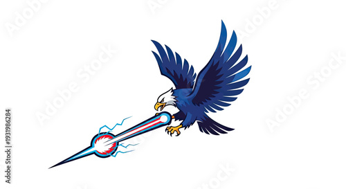 A soaring eagle clutches a lightning-like weapon, conveying power and speed on white