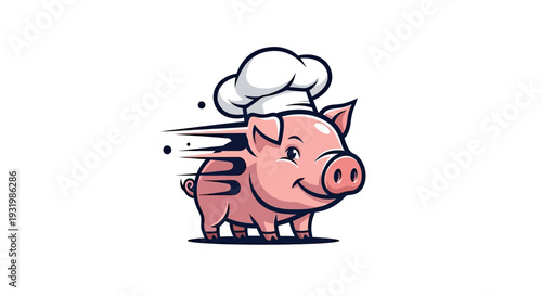 A cheerful pig chef, wearing a toque and speed lines, suggests cooking or food service