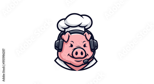 A pink pig wearing a chef's hat and headset smiles, on white background