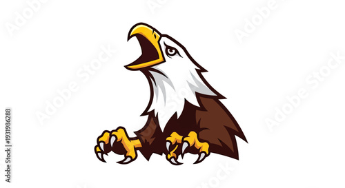A cartoon bald eagle in an aggressive stance, head up and beak open