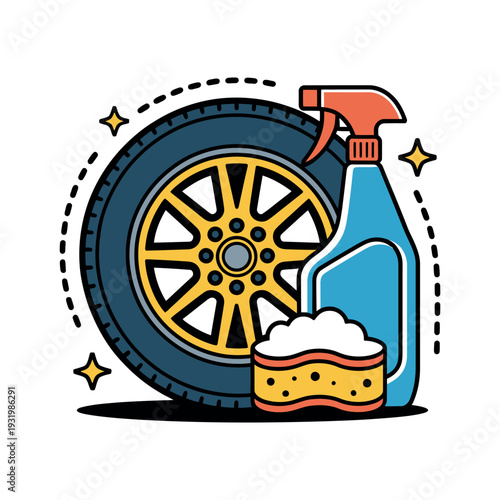 A cartoon illustration of a tire, spray bottle, and sponge for cleaning and car maintenance.