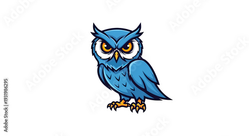 A blue owl illustration, with intense stare and detailed feathering, centered on white background