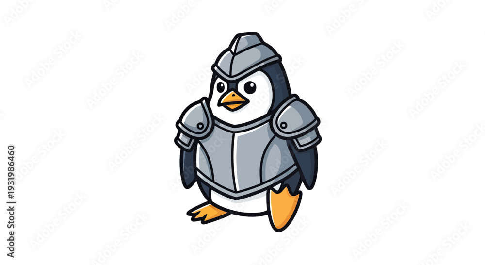 Obraz premium An armored cartoon penguin with a helmet, body armor, and orange feet, isolated on white