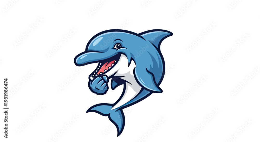Fototapeta premium Cartoon dolphin, blue and white, smiling and holding a fist. White background