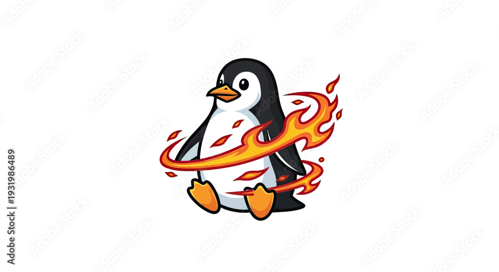 Fototapeta premium A penguin engulfed in stylized flames on a white background. It has orange feet and a beak