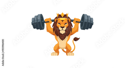 Cartoon lion wearing crown and lifting weights. He is standing and looking forward