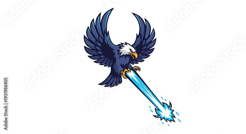 An illustrated eagle with outstretched wings fires a beam of energy